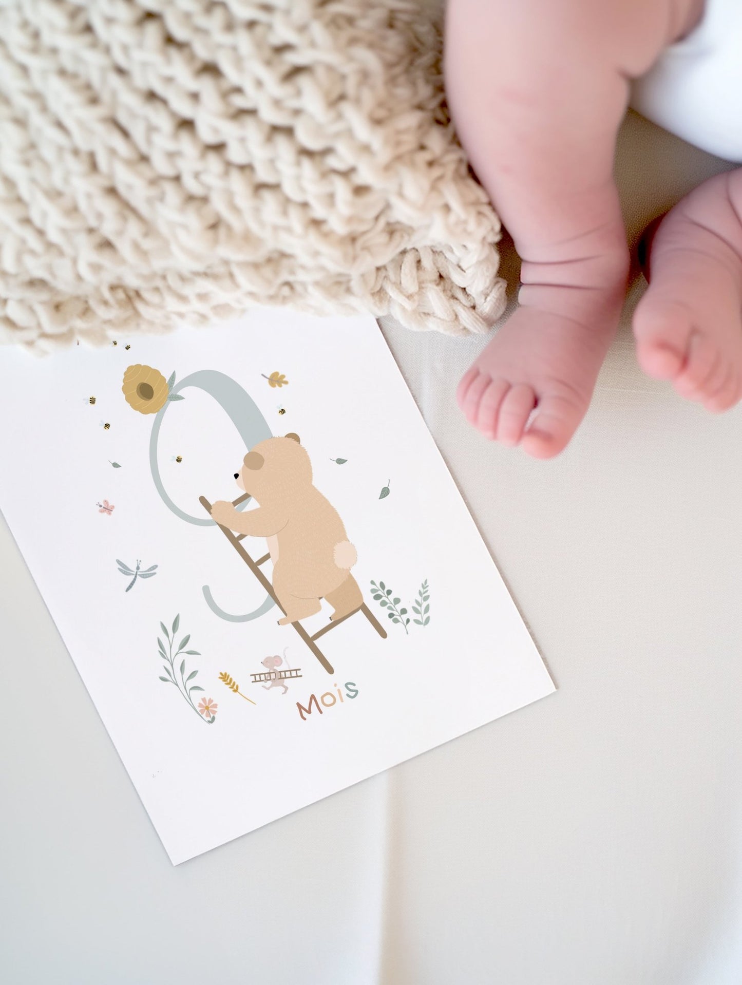 12 Cartes étapes illustrées pour bébé - Lune Trois - Quarts