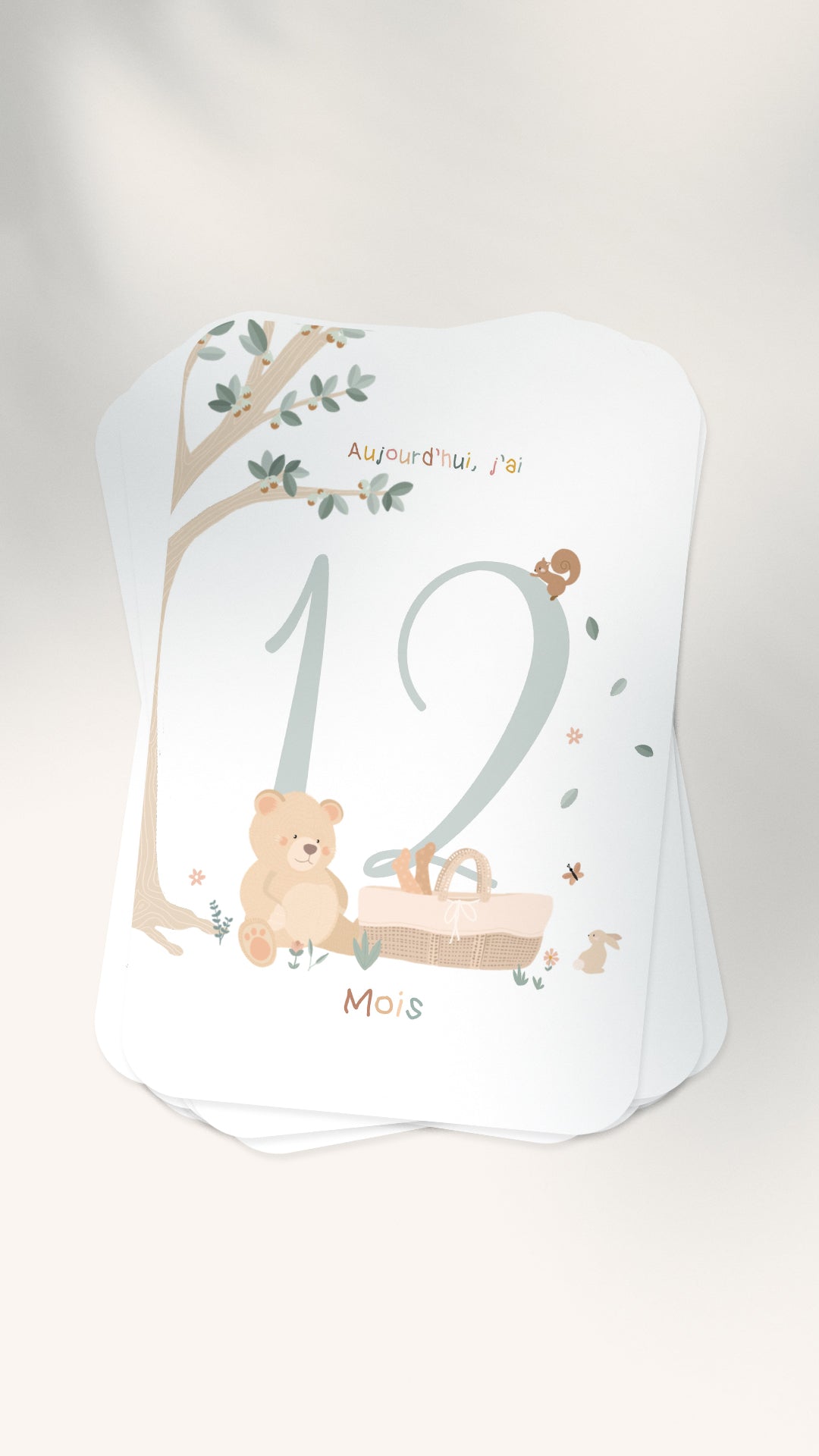 12 Cartes étapes illustrées pour bébé - Lune Trois - Quarts