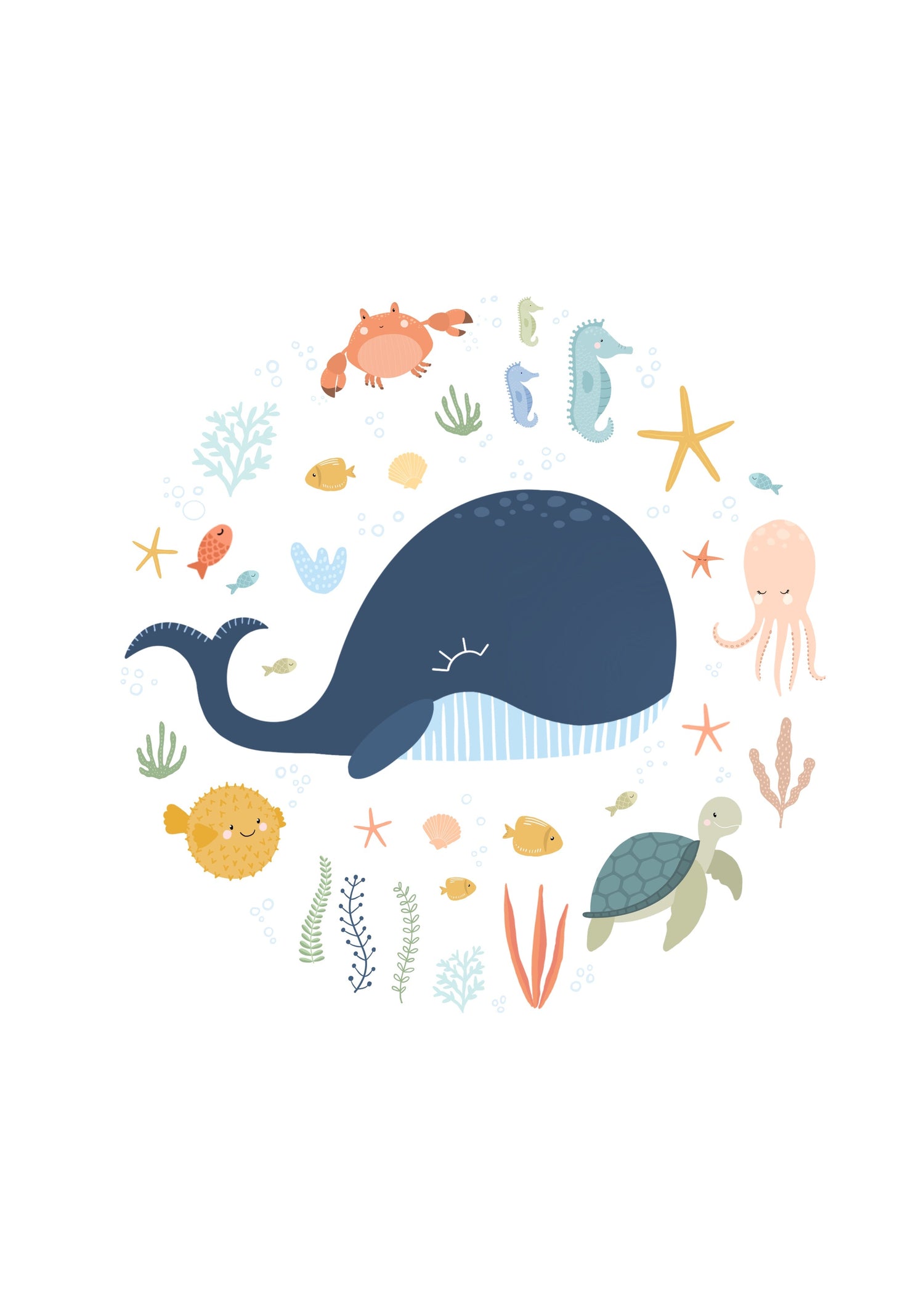 Illustrations sur le thème Marin, et création d'affiches et toises personnalisées pour chambre d’enfant et bébé - par Marie, créatrice de Lune Trois-Quarts et illustratrice passionnée.
