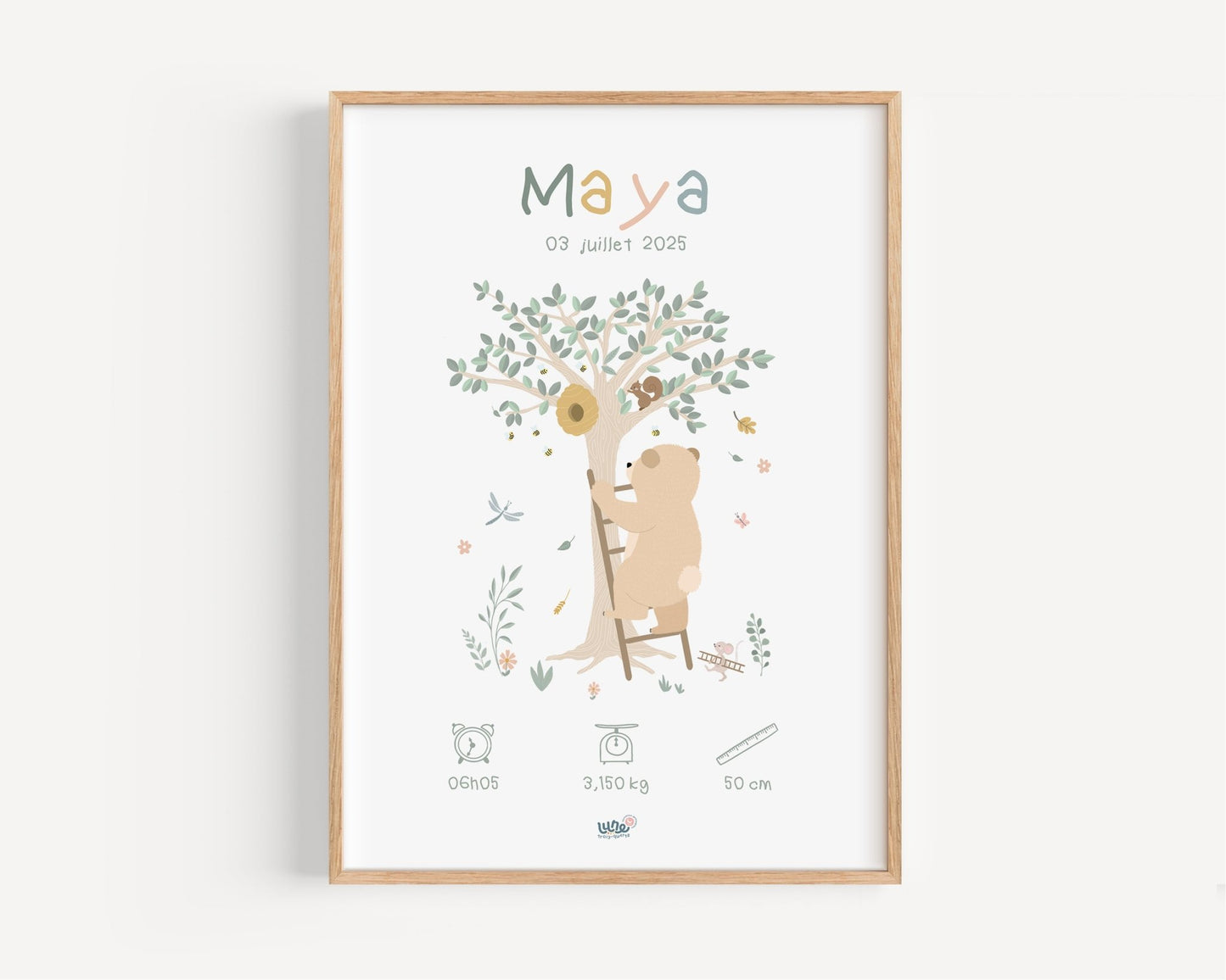 Affiche déco Illustrée personnalisée "Ours Maya" - Lune Trois - Quarts