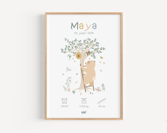 Affiche déco Illustrée personnalisée "Ours Maya" - Lune Trois - Quarts