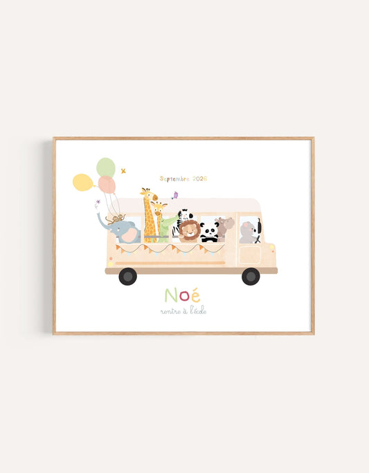 Affiche déco Illustrée personnalisée "Bus scolaire" - Lune Trois-Quarts