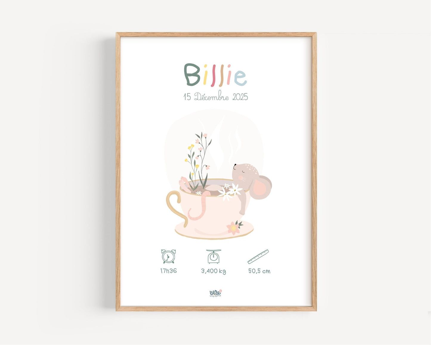 Affiche déco Illustrée personnalisée "Bain de souris" - Lune Trois - Quarts