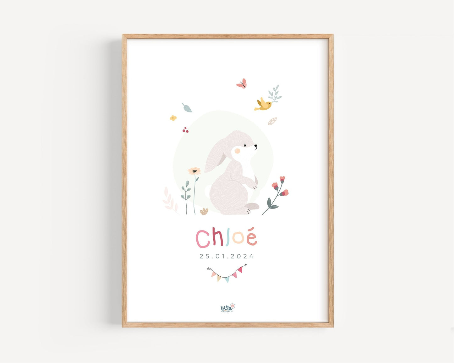 Affiche déco Illustrée personnalisée "Lapin Fanions" - Lune Trois - Quarts