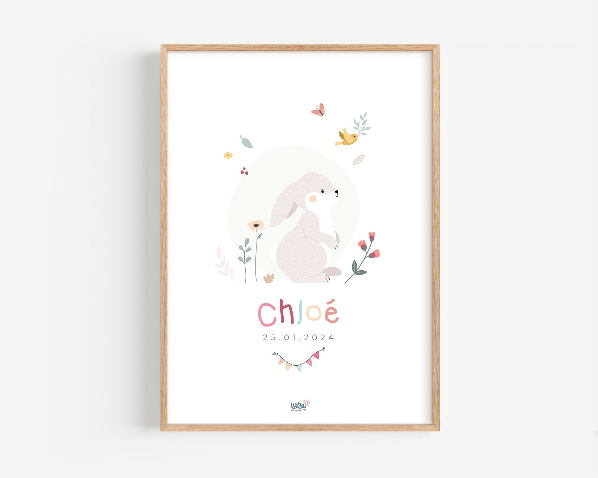 Affiche déco Illustrée personnalisée "Lapin Fanions" - Lune Trois - Quarts