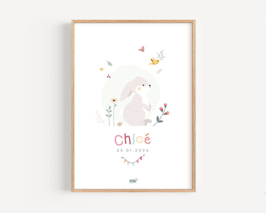 Affiche déco Illustrée personnalisée "Lapin Fanions" - Lune Trois - Quarts