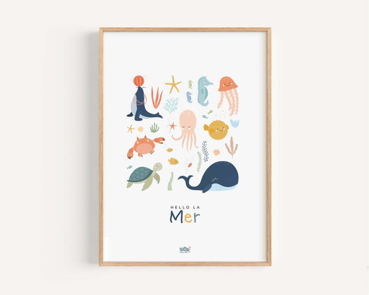 Affiche Illustrée "Hello la Mer" - Lune Trois - Quarts