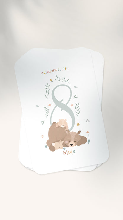 12 Cartes étapes illustrées pour bébé - Lune Trois - Quarts