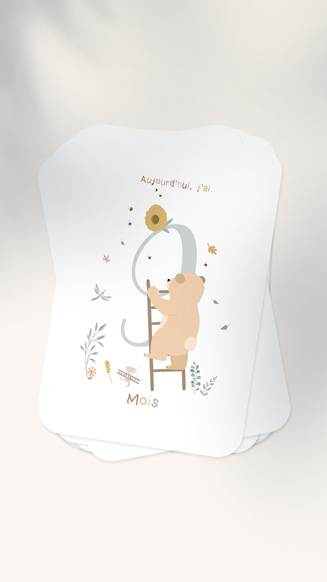 12 Cartes étapes illustrées pour bébé - Lune Trois - Quarts